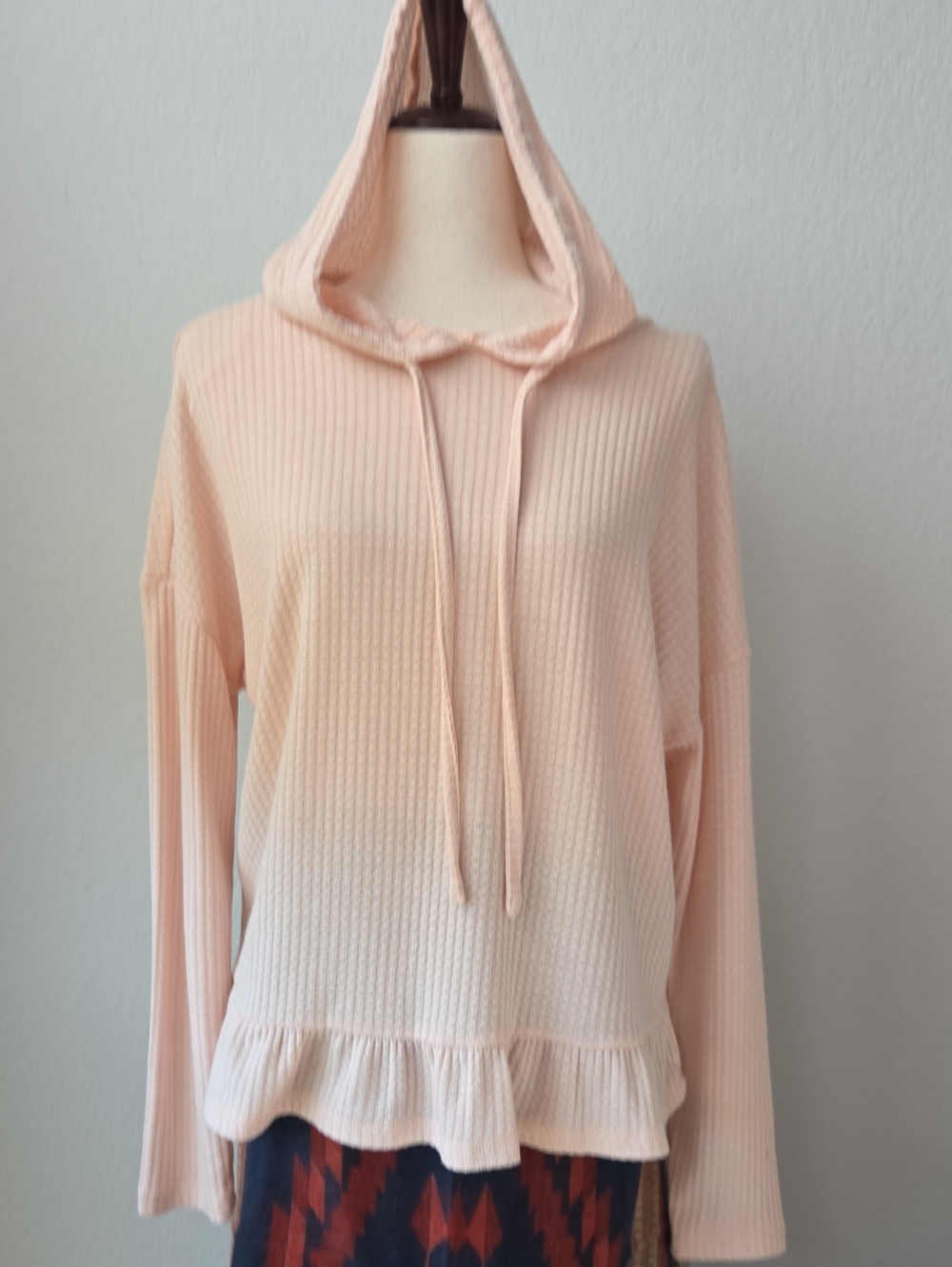 LC Lauren Conrad Peach Waffle-Knit Hooded Top with Ruffle Hem Coastal Boho Cute